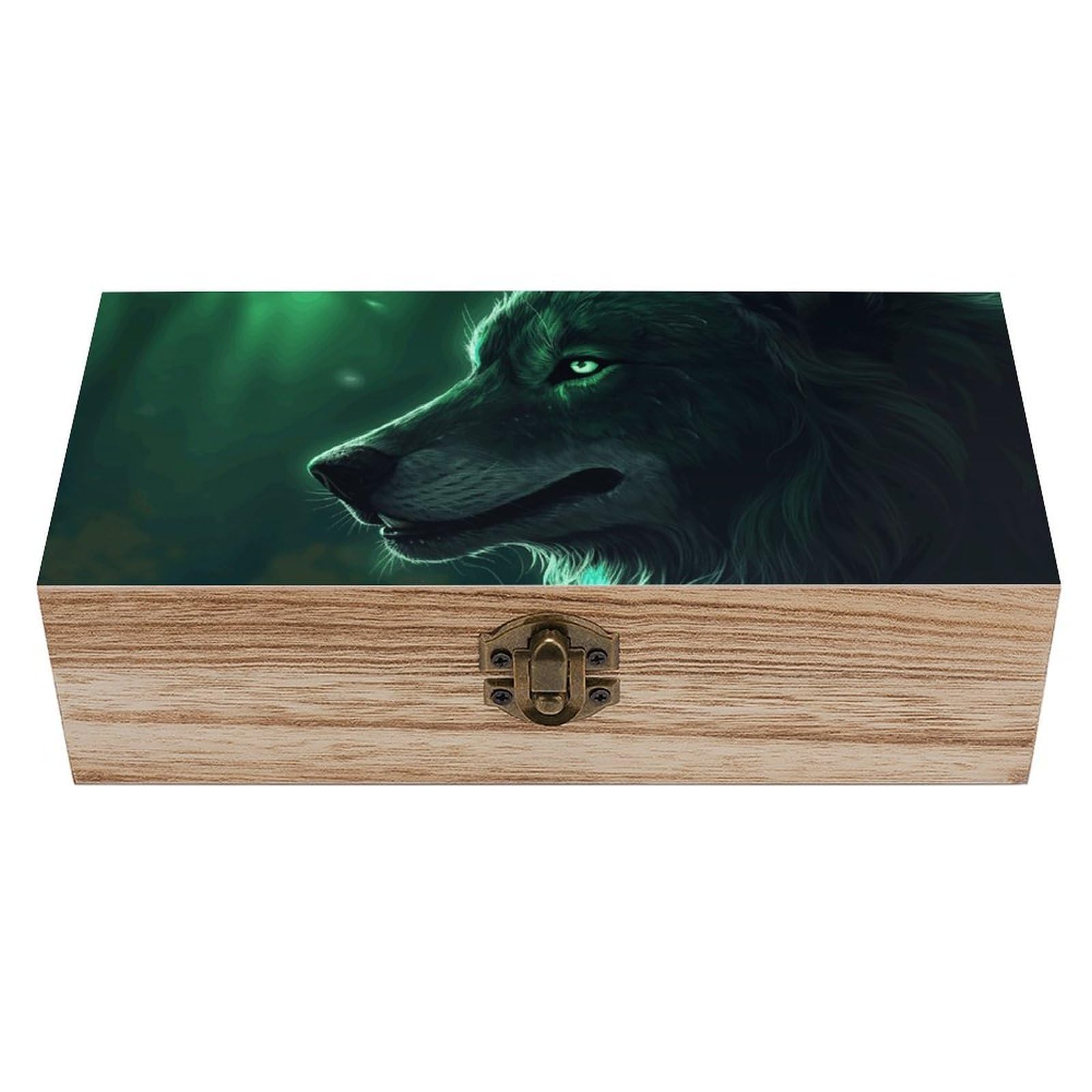 FekiLoot Green Wolf Wooden Keepsake Box Decorative Wood Storage Organizer with Hinged Lid Large Handmade Boxes Wedding Memory Treasure Box for Jewelry Photos Stamps Crafts