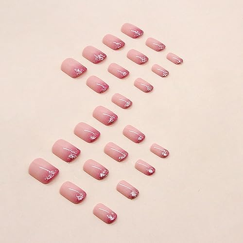 Miniatura 3 de Uñas postizas cortas cuadradas SWEKKE francesas, color rosa, degradado, cobertura completa, con purpurina, uñas postizas brillantes con pegamento