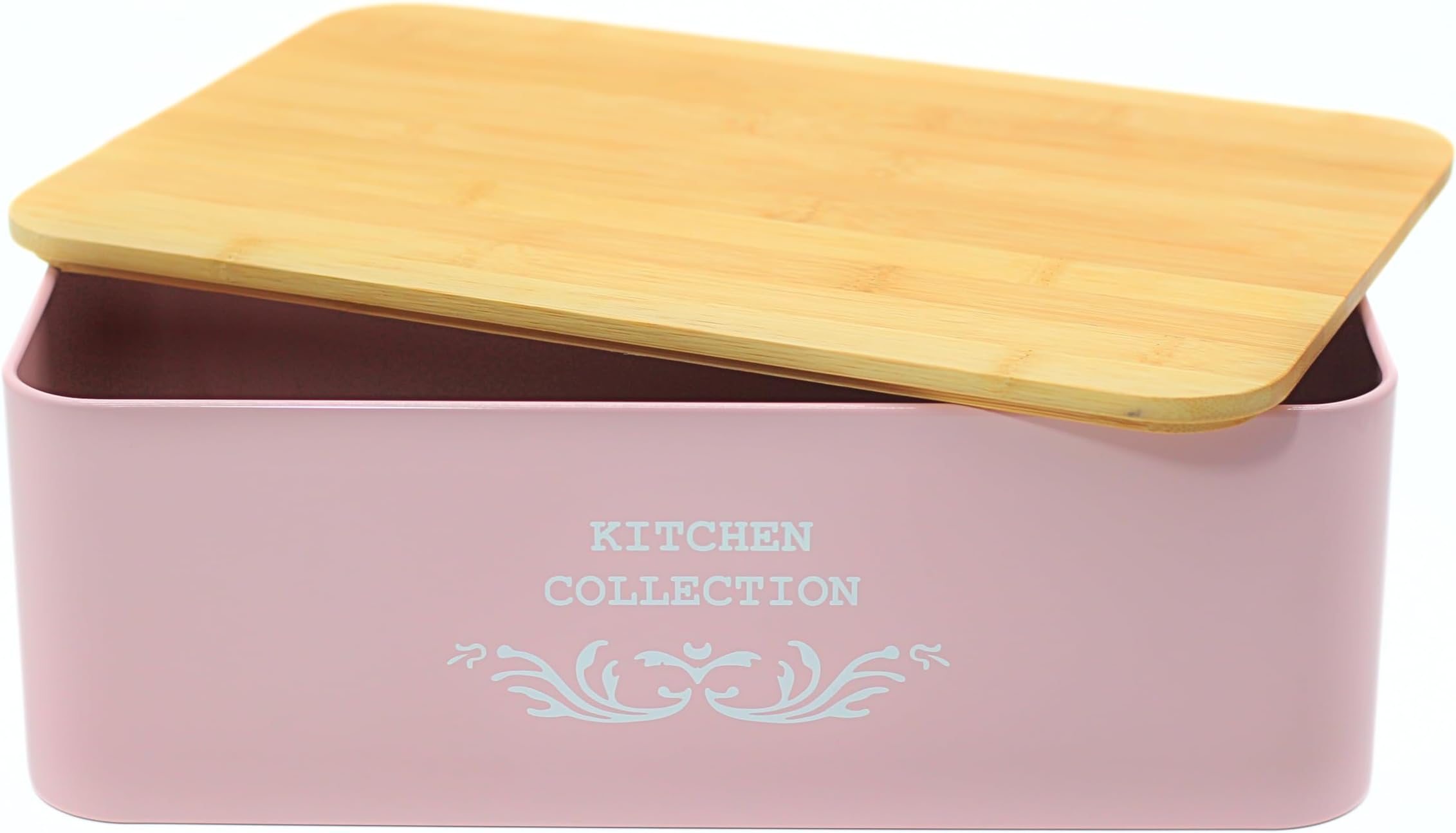 Bread Bin with Bamboo Cap 35 x 12 x 23 cm - Pink Metal Kitchen Bread Box with Bamboo Lid - Vintage Design