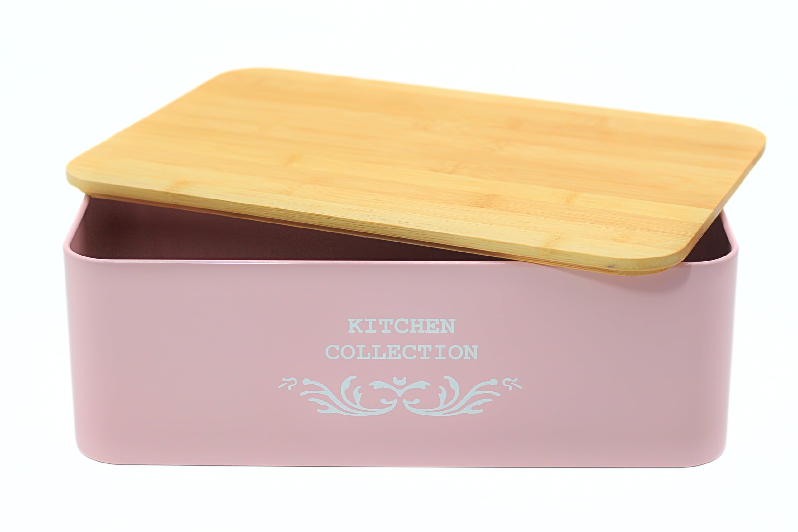 Casa Heaven Pink Bread Bin With Bamboo Cap 35 X 12 X 23 Cm - Metal Kitchen Bread Box With Bamboo Lid - Vintage Design