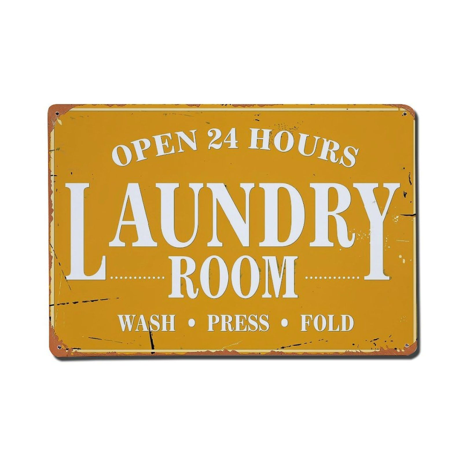 Open 24 Hours Laundry Room Wash Press Fold Vintage Tin Sign Retro Metal Wall Decor Metal Poster, Home Bar Garage Farmhouse Cafe Wall Art Decoration 8x12Inches
