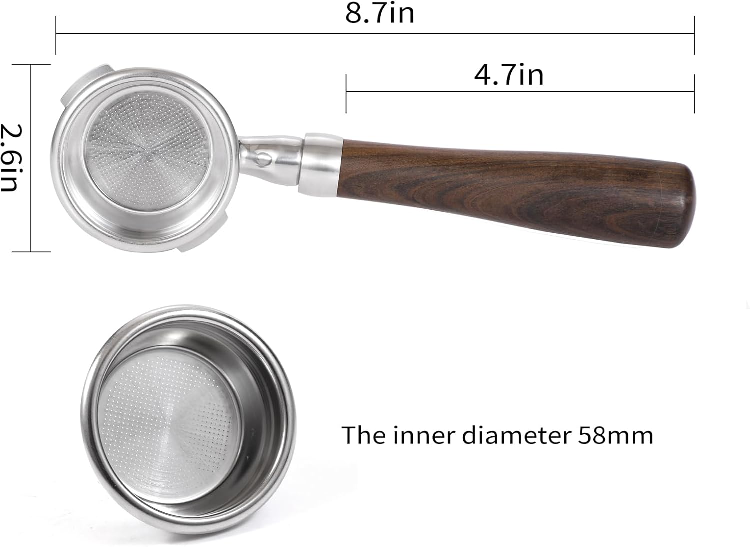 58mm Bottomless Portafilter with Double Shot Filter Basket & Wood Handle for Gaggia Classic, Espresso Pure, Color, Dose, Evolution, Baby Twin and More Semi-Automatic Espresso Machine - Image 5