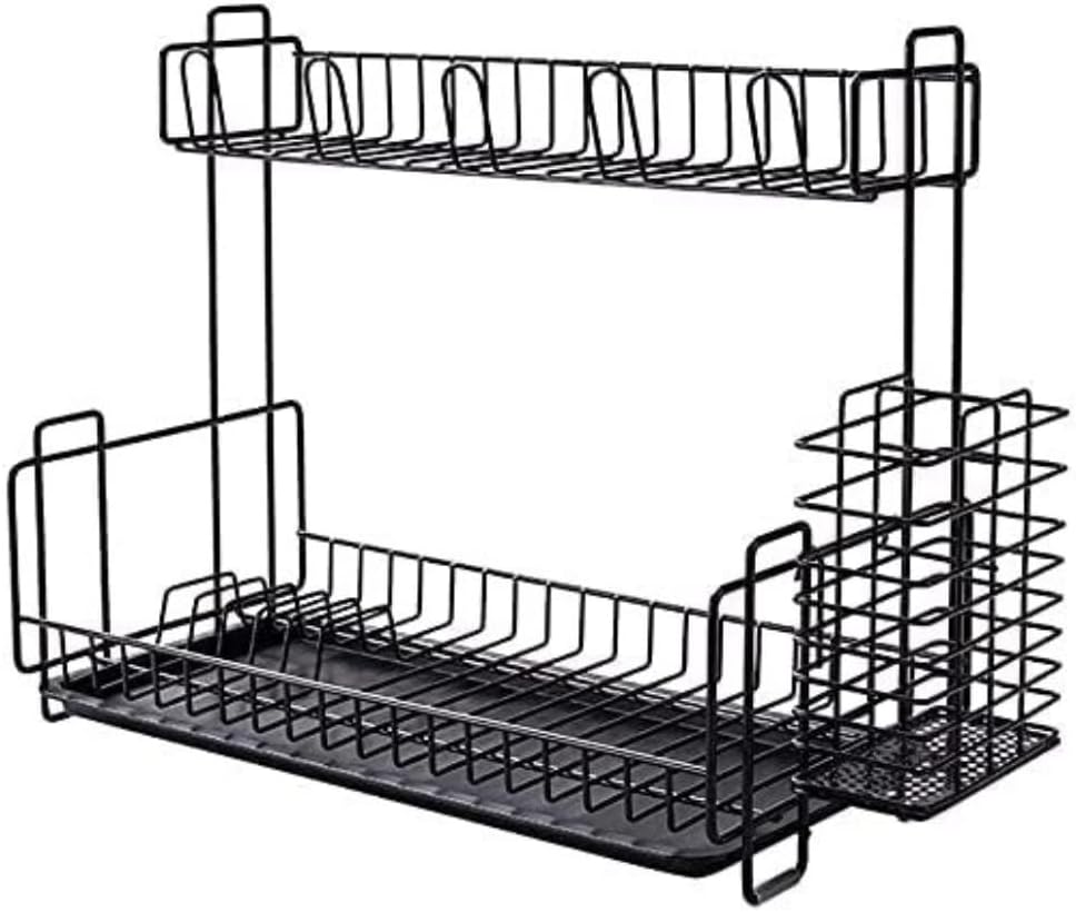 Dish Drying Rack Tableware Holder Creative Kitchen Dish Drain Rack Sink 2-Tier Dish Rack Storage Rack for Kitchen Countertop Drying Rack Kitchen(Black)