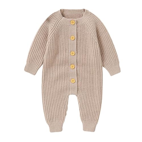 LAWKUL Baby Romper Long Sleeve Onesies Soft Stretchy Knitted One-Pieces Jumpsuit Outfits Clothes for Infants Newborns Boys Girls Khaki 3-6 Months