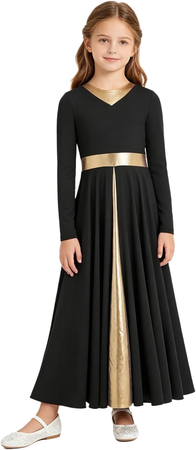 XUNZOO Girls Liturgical Worship Dance Dress Long Sleeve Full Length Praise Church Robe for Choir Performance