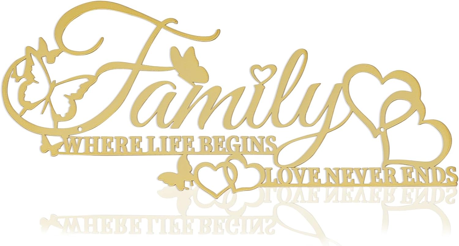Family Metal Word Sign Wall Art Decor, Where Life Begins Love Never Ends Heart Butterflies Wall Hanging Sculpture, Golden Iron Letters Quotes Home Decor for Living Room Kitchen (Golden)