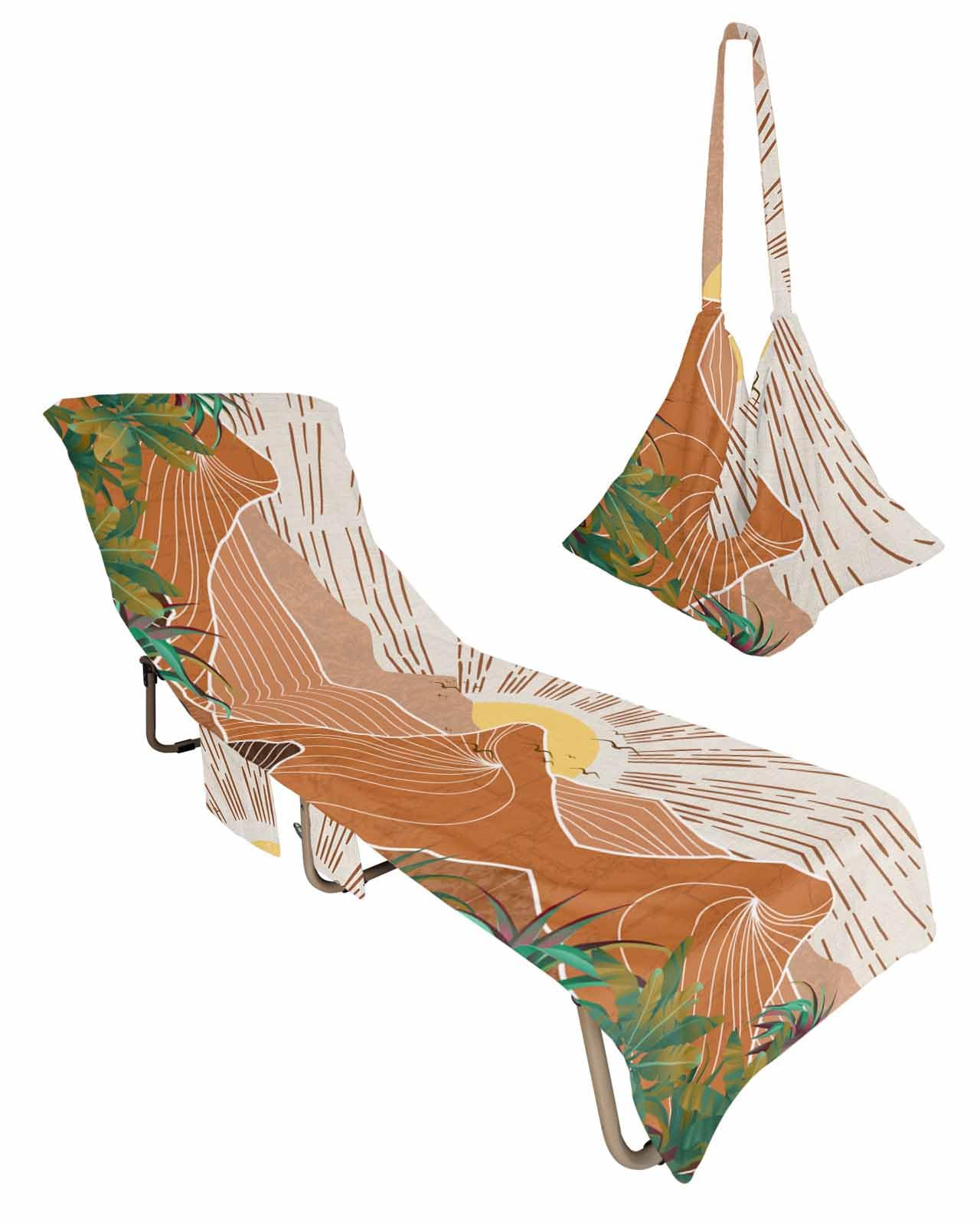 Geometric Mountain Beach Chair Towel Covers for Chaise Lounge with Side Pocket, Soft Plush Pool Towels Cover for Patio Sunbathing Outdoor 29''x85'' Bohemia Tropical Leaves Middle Century