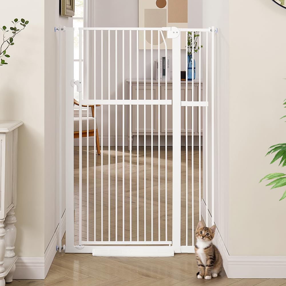 Unipaws White 142Cm Tall Dog Gate 75-95Cm Wide, Pressure Mounted Cat Gate For Doorway, Indoor Stair Walk Through Pet Gate,