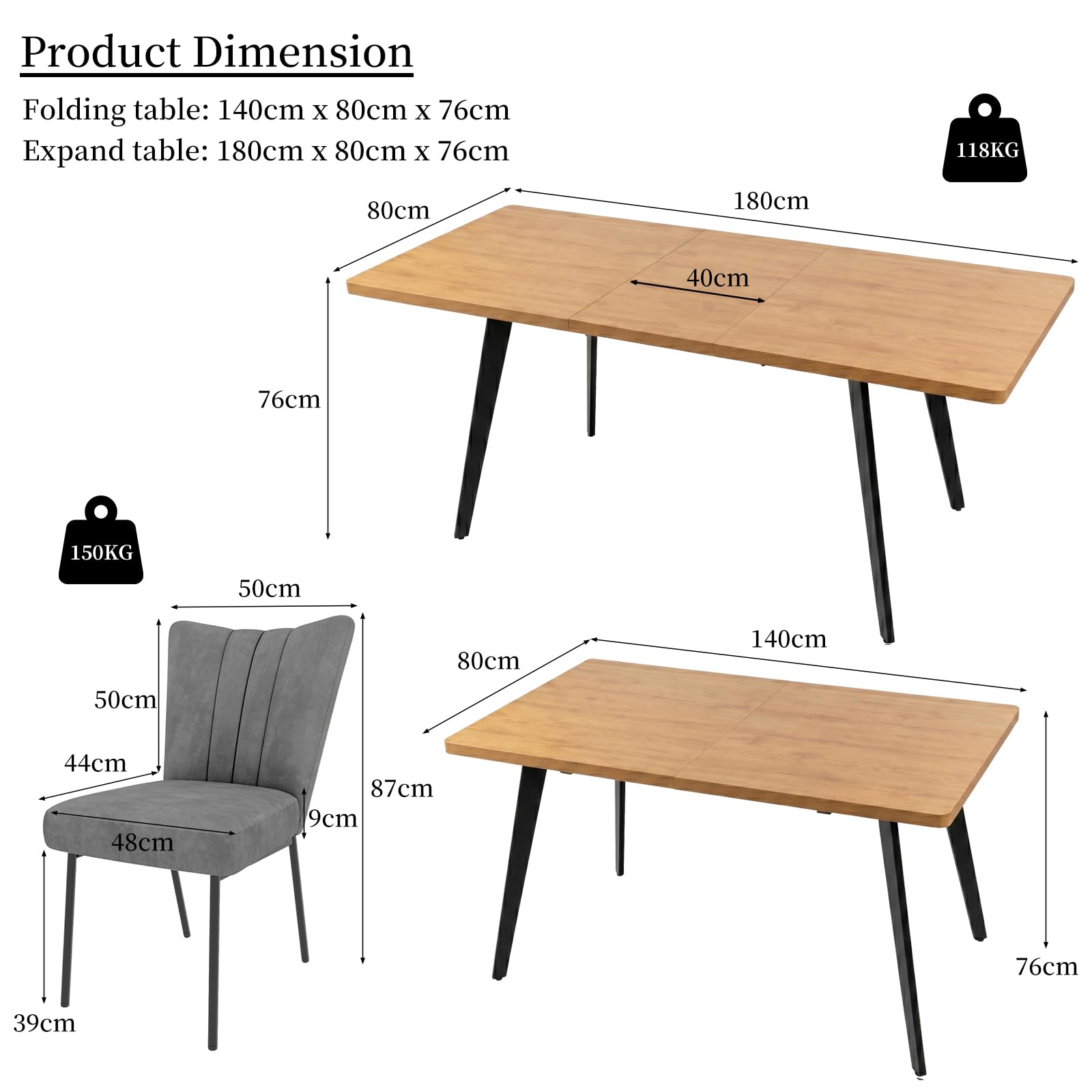 JIEXI Ausziehbares Esstischset mit 6 Stühlen, platzsparender Tisch aus MDF-Holz und stabilem Metallgestell, perfekt für Esszimmer, Küchen und Wohnungen – Tisch aus Eiche + Stühle aus grauem Samt