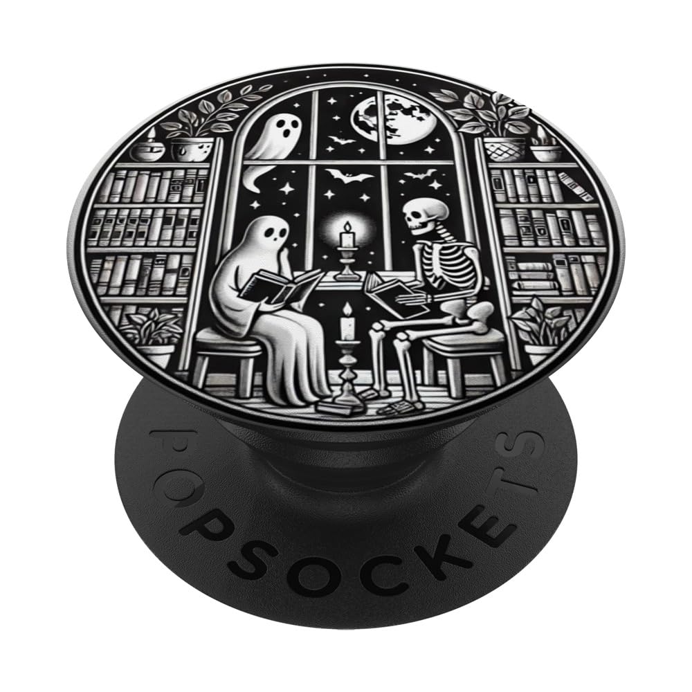 Retro Spooky Bookish Halloween Skeleton Ghost Bookworm Gifts PopSockets Adhesive PopGrip