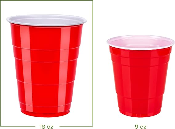 Amazon Basics Disposable Plastic Party Cups, Red, 18oz, 50 Count, Packaging May Vary