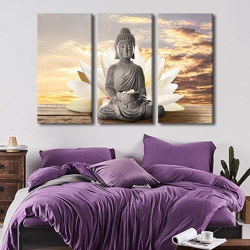 Vista 3 de TUMOVO Wall Art for Living Room Buddha Sculpture Flower Paintings Canvas Wall Art 3 Panel Wall Art Canvas Artwork Wall Decor Large Wall Decor Canvas