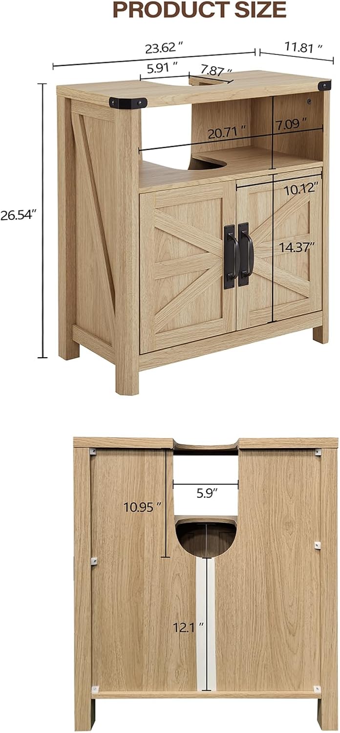 Minifeel Bathroom Floor Cabinet, Adjustable Shelf, Barn Doors, Farmhouse Bathroom Storage Cabinet for Kitchen, Living Room (Natural Oak)