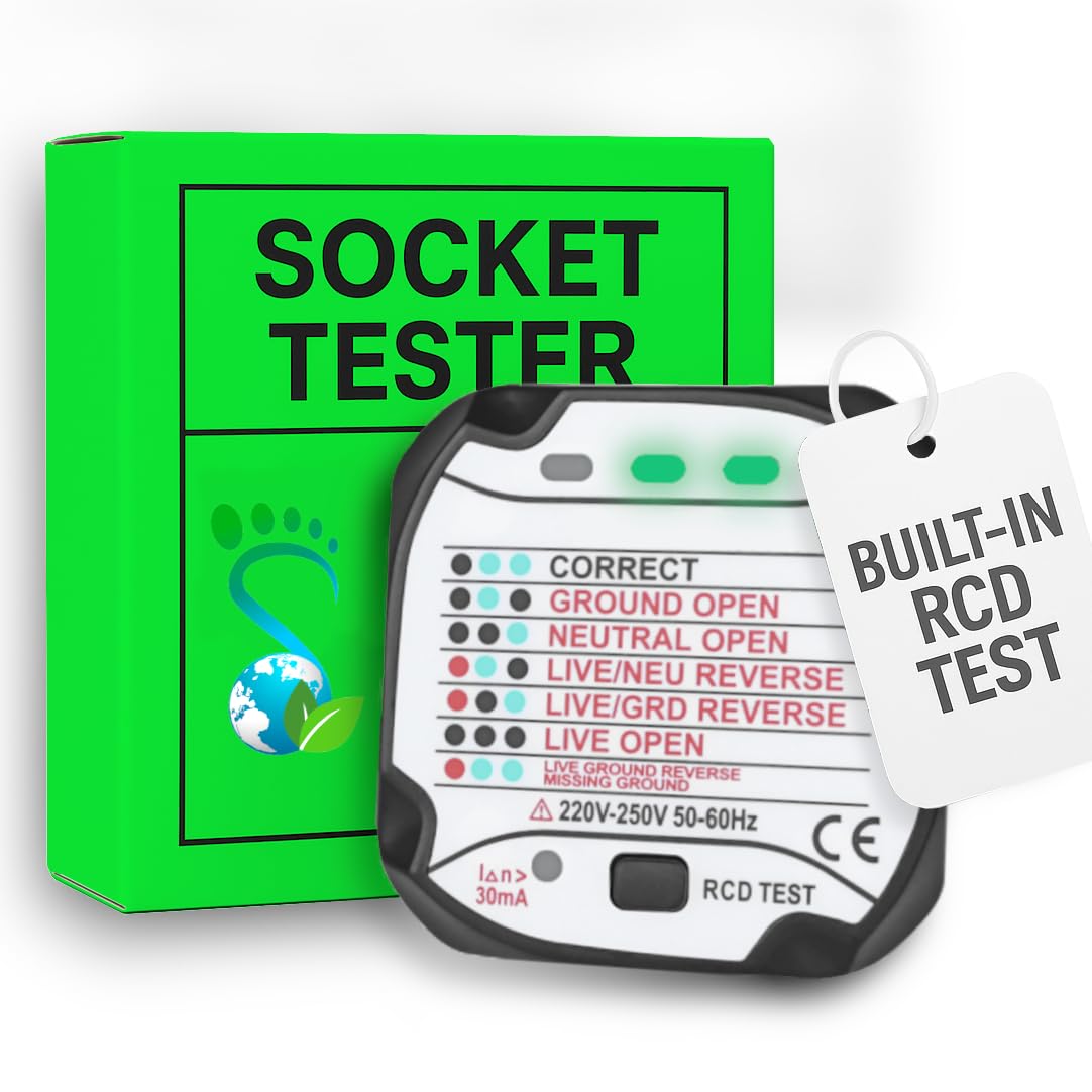 Earth Potential Socket Tester for UK 13amp 240v Power Socket – Checks Live, Neutral and Earth Connections and Polarity with Automatic Status Display – Includes an RCD Breaker Tester