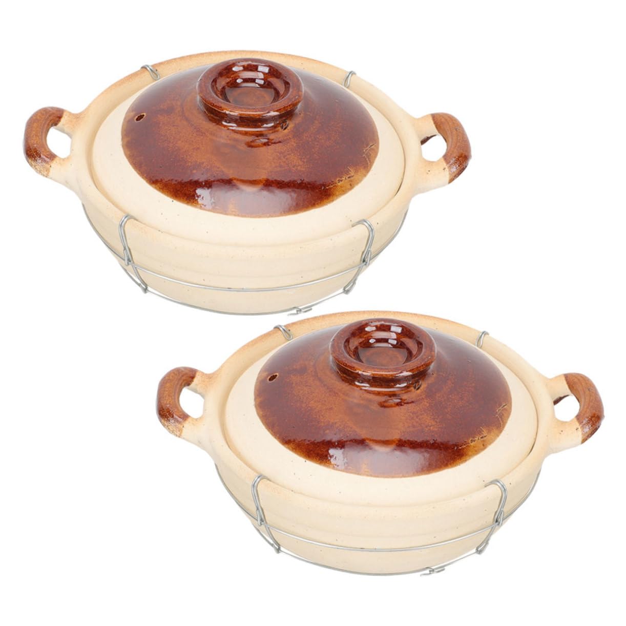 Olla de Barro con Asa para Cocinar, 2 Piezas Beige de Arcilla | Hierro Incluido Estructura, Diseño de Agarre Seguro y Resistente al Calor, para Sopas y Preparación Individual