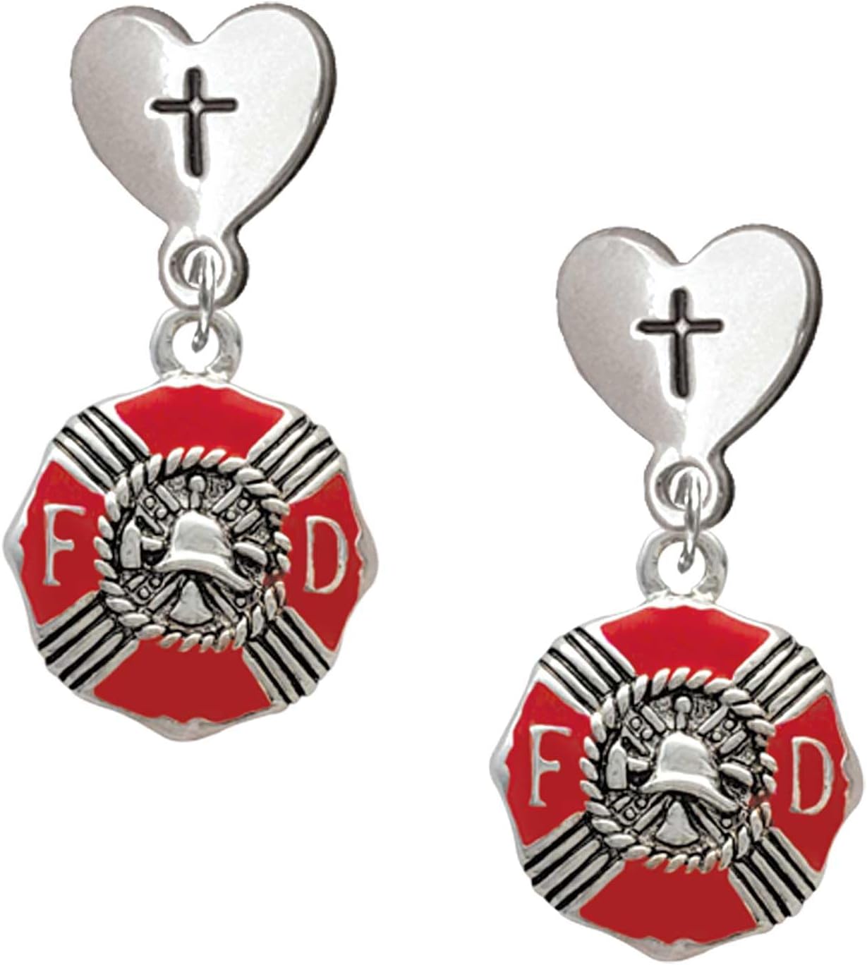 Delight Jewelry Silvertone Red Enamel Fire Department Medallion Cross in Heart Post Dangle Earrings
