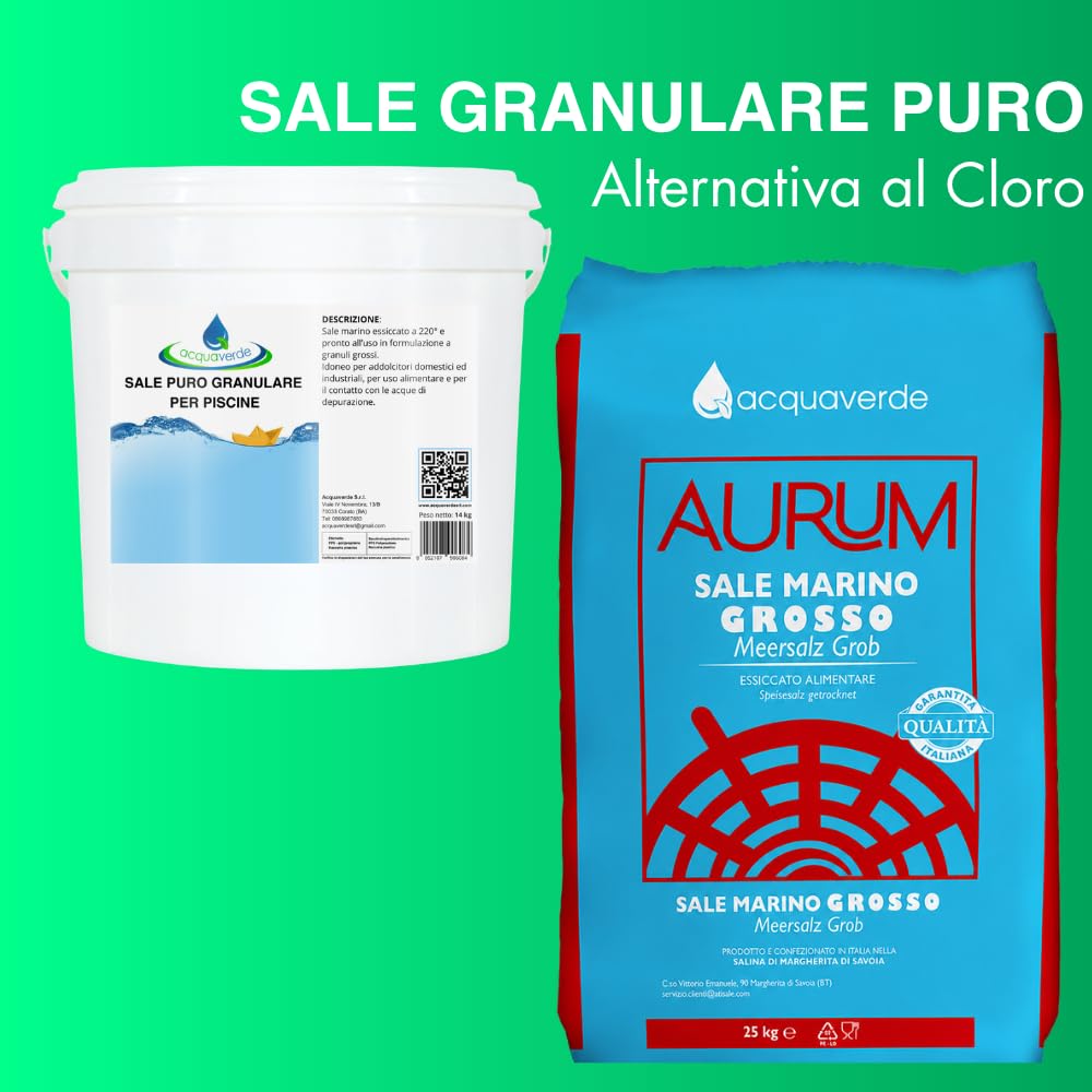 acquaverde AURUM | Sale Granulare Marino Puro al 99,9% per Piscina - 50 kg, Idoneo per Sistemi di Elettrolisi e per Purificare l'acqua delle Piscine - Qualità Premium MADE IN ITALY