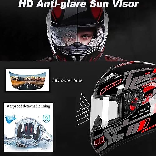 Miniatura 4 de Casco de motocicleta de cara completa unisex para adultos, aprobado por DOT, casco negro integrado de cara completa, casco abatible con visera HD,