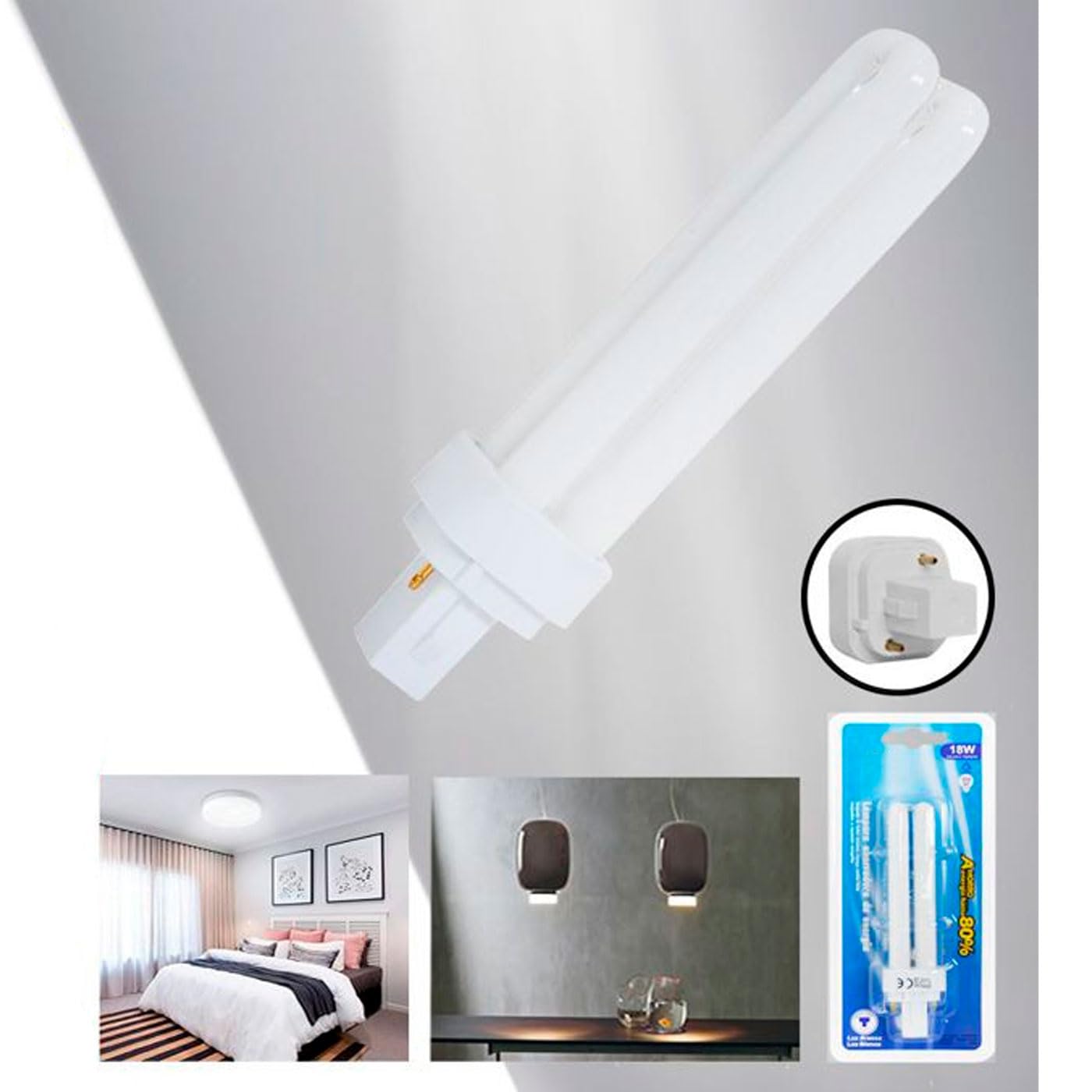 Acan Tradineur - Pack de 2 bombillas de bajo consumo, 2 tubos, G24D-2, 18W equivalente a 90W, 1080 lúmenes, 6400K, luz blanca fría, eficiencia energética A+, 8000 horas - 14,5 x 2,5 cm