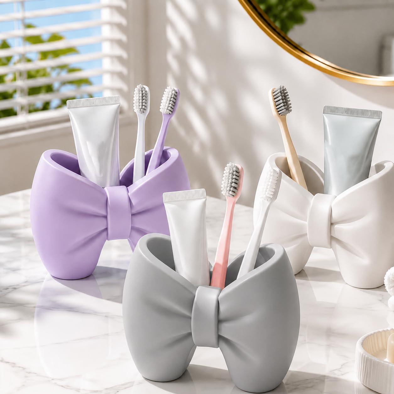 Azoth Bow Shape Toothbrush Holder Stand for Bathroom, Plastic Toothbrush & Toothpaste Organizer, Cute Countertop Storage Cup, Space Saving Bathroom Accessory (Grey)-image-21