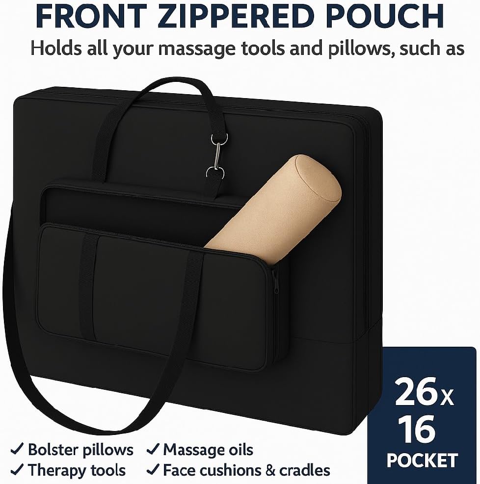 Universal Massage Table Carrying Case with Large Front Pocket – 36" x 32" x 8.5" – Fits Most Portable Tables – Heavy-Duty Shoulder Strap & Handles – Front Pouch Holds Bolster, Oils, Tools (28")