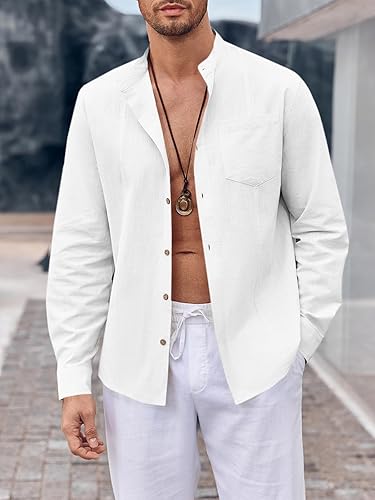 Vista 2 de PASLTER Camisa casual de lino de algodón con botones para hombre, camisa de manga larga con cuello de banda para playa y yoga