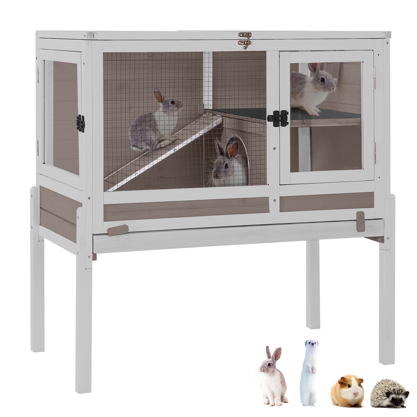 GUTINNEEN Rabbit Hutch Guinea Pig Cages Indoor with Stand Wooden Small Animals Cage Hutch Hamster Cage with Hideout,Pull Out Tray, Anti Chew Ramp(