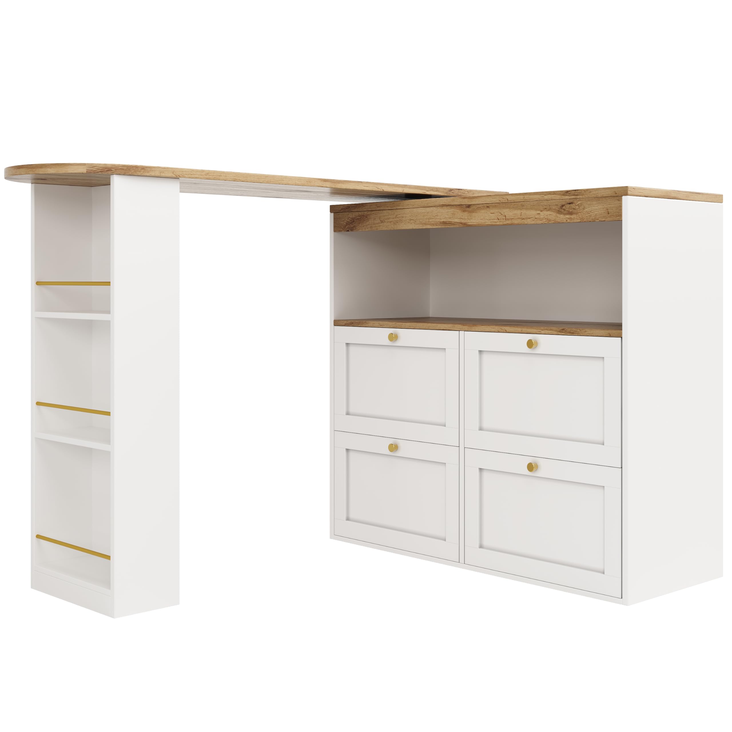 Mesa alta giratoria de 360 ° con 4 cajones y estantes abiertos, adecuada para comedor/estudio/sala de estar, color blanco (blanco-1)