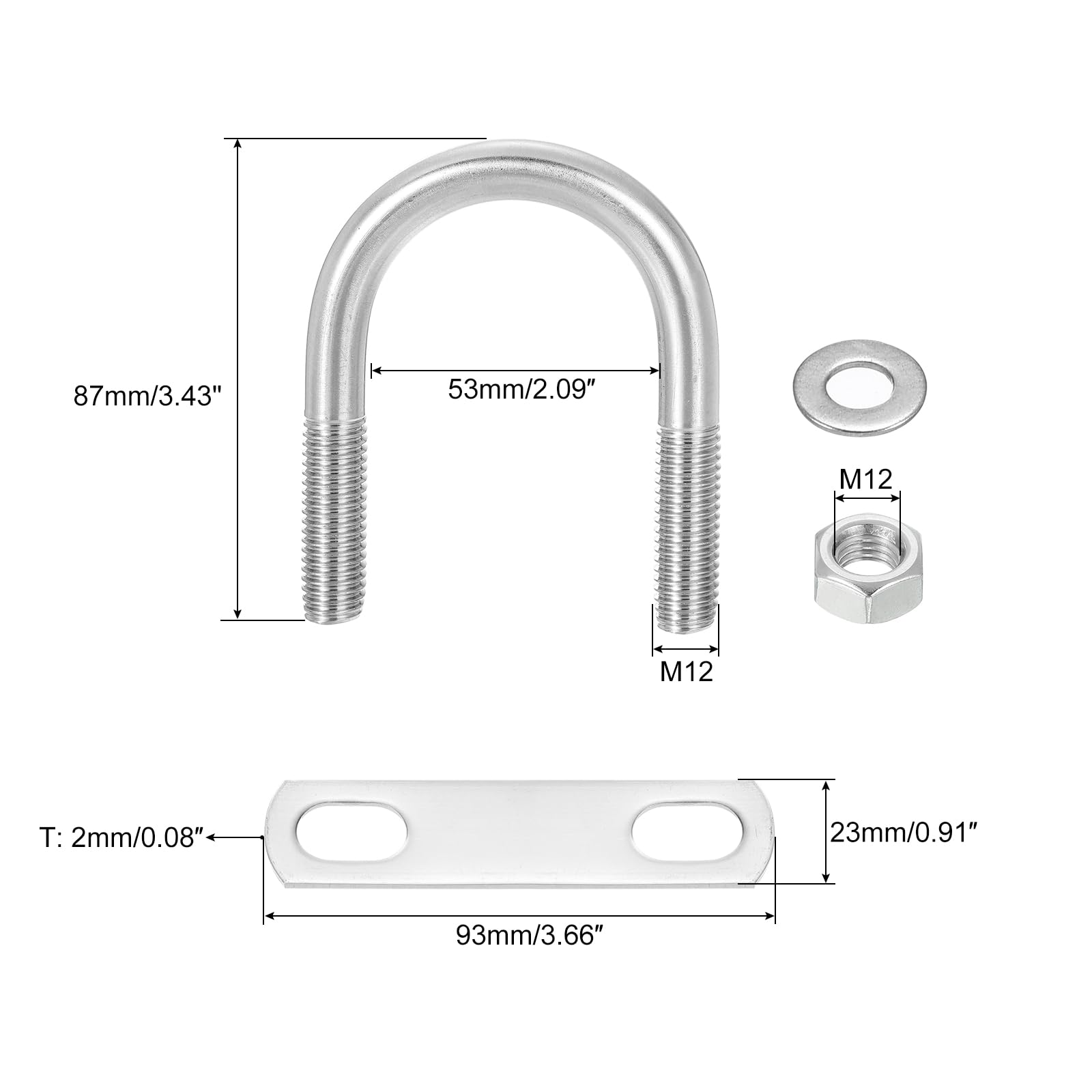 QUARKZMAN Set di Bulloni a U, 4 Set 51mm(2.01") Larghezza Interna 87mm Lunghezza M12 Bullone a U in Acciaio Inossidabile 304 Bulloni a U con Dadi e Piastre, per Rimorchi per Barche
