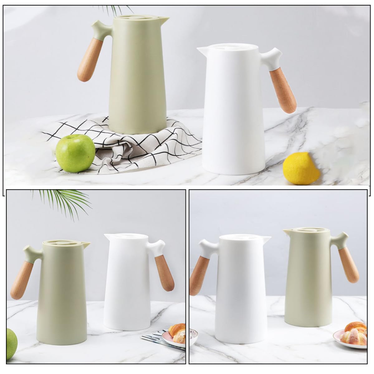 Uonlytech Isolierte Thermoskanne 1l mit Holzgriff und Kunststoffglas Innenbehälter Doppelwandig und Sauberer Innenraum für Büro und Zuhause