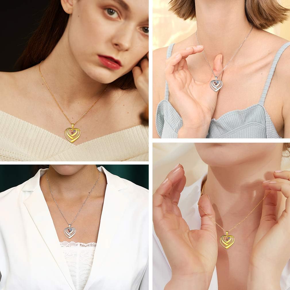Custom4U Birthstone Necklace for Women Personalized Family Mothers Heart Pendant with 1-5 Names Engraved Sterling Silver/Stainless Steel/18k Gold with Dainty Chain Memorial Gifts for Mom Women