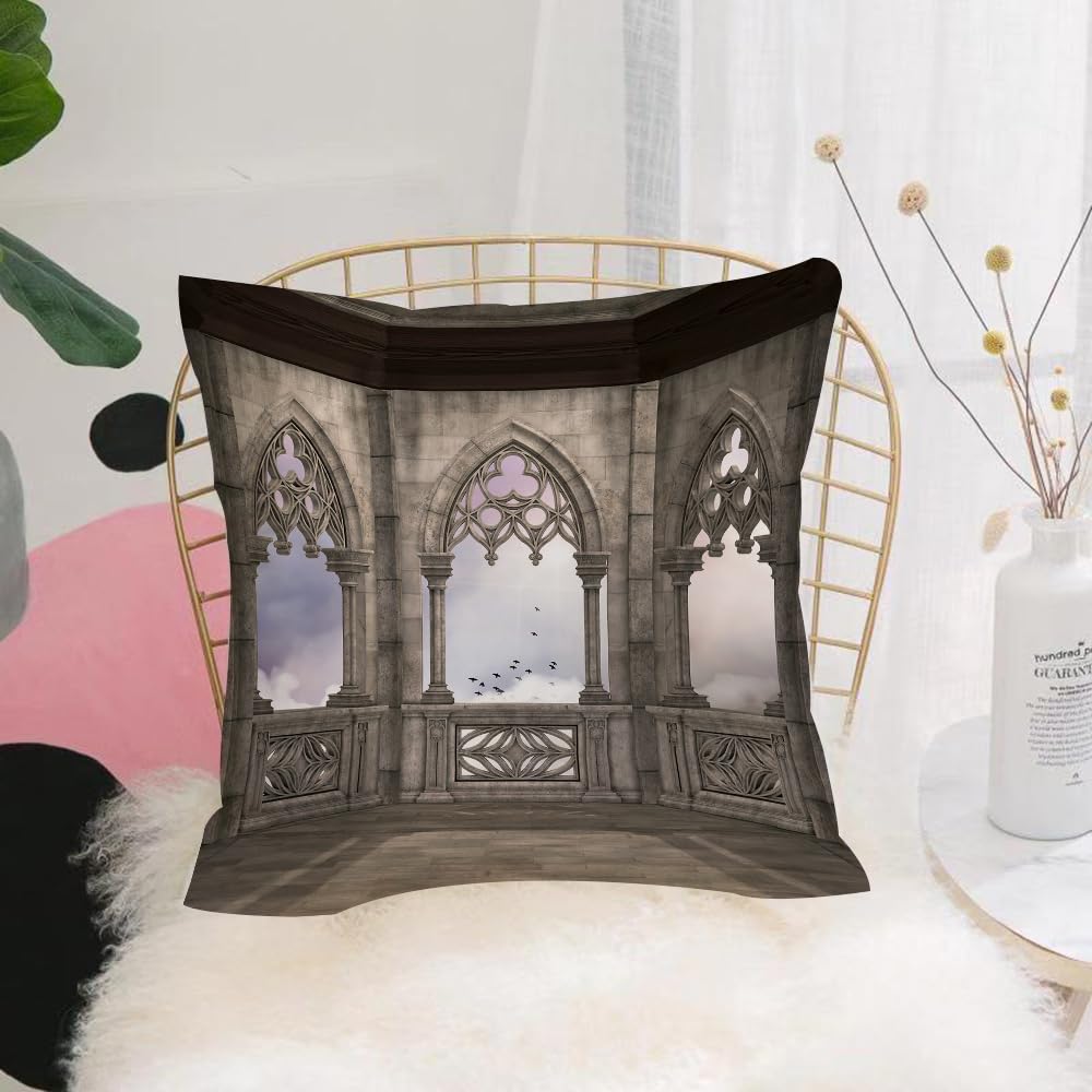 HYOSXW Cushion Cover,Throw Pillow Case Home Decorative for Living Room Bedroom Sofa Chair 16X16 Inch,Gothic, medieval stone balcony with curvatures Gra,Pillowcase 40X40cm