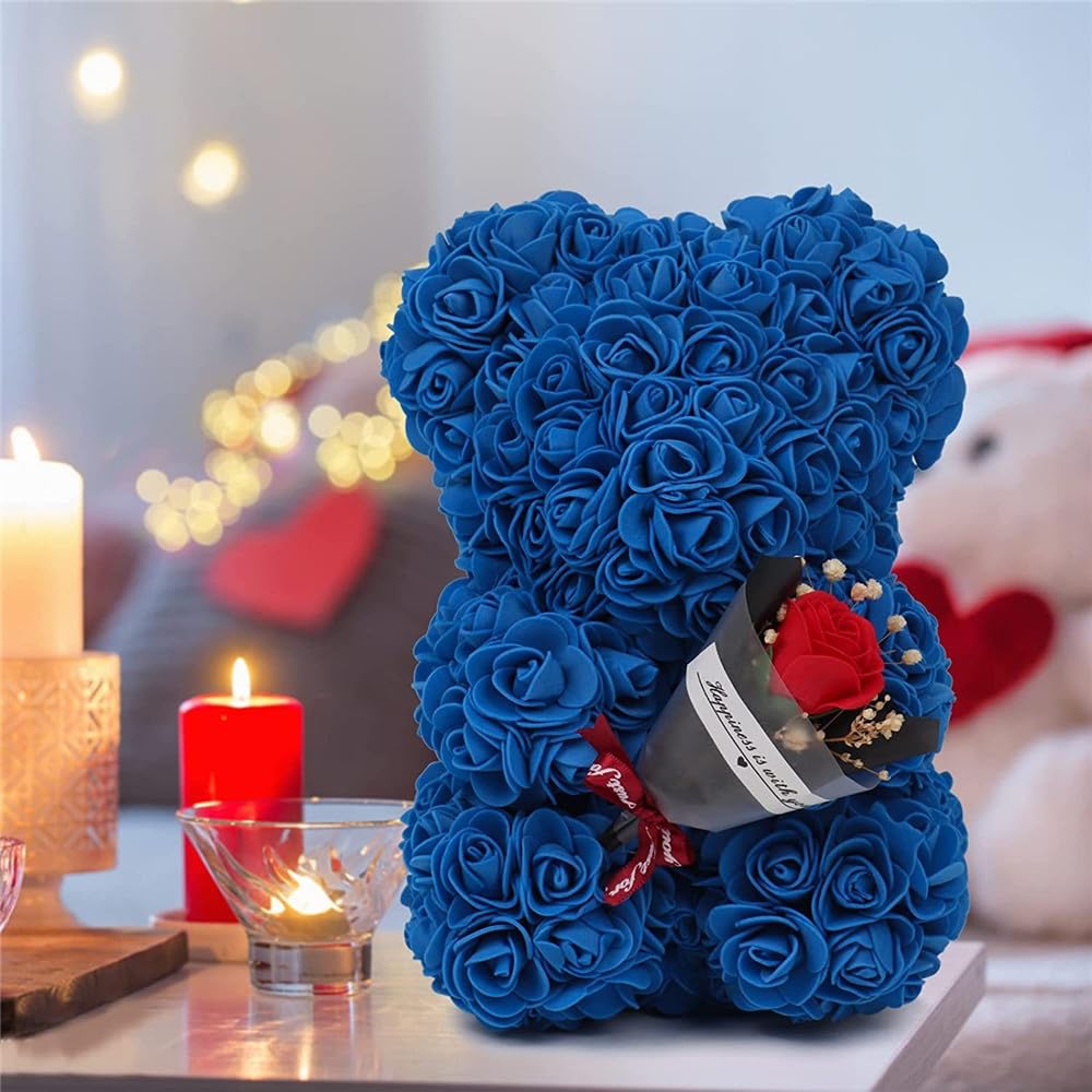 Ours en Fleurs Artificiel avec Bouquet de Roses, idéal pour Femmes, amies, Filles, Mamans et Grands-mères (Rouge)