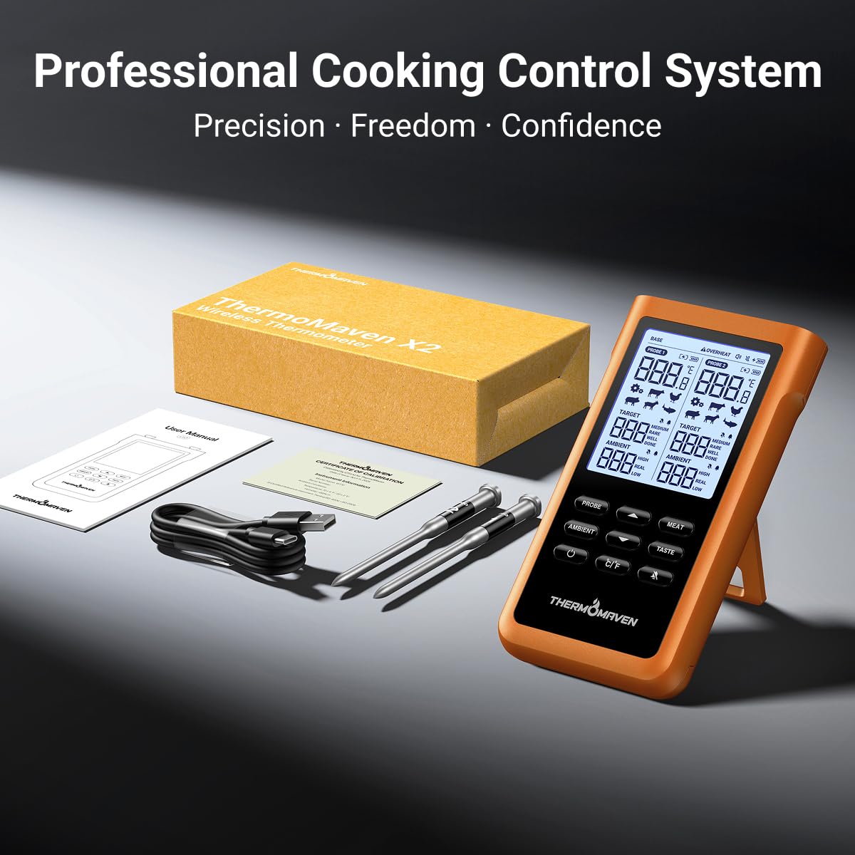 ThermoMaven 3000FT Smart Wireless Fleischthermometer, Sub-1G Langstrecke, 6 Sensoren (NIST genau), 2 dünne Sonden, Basisstation mit LCD, für Grill, BBQ, Ofen, Räucherofen (Orange)