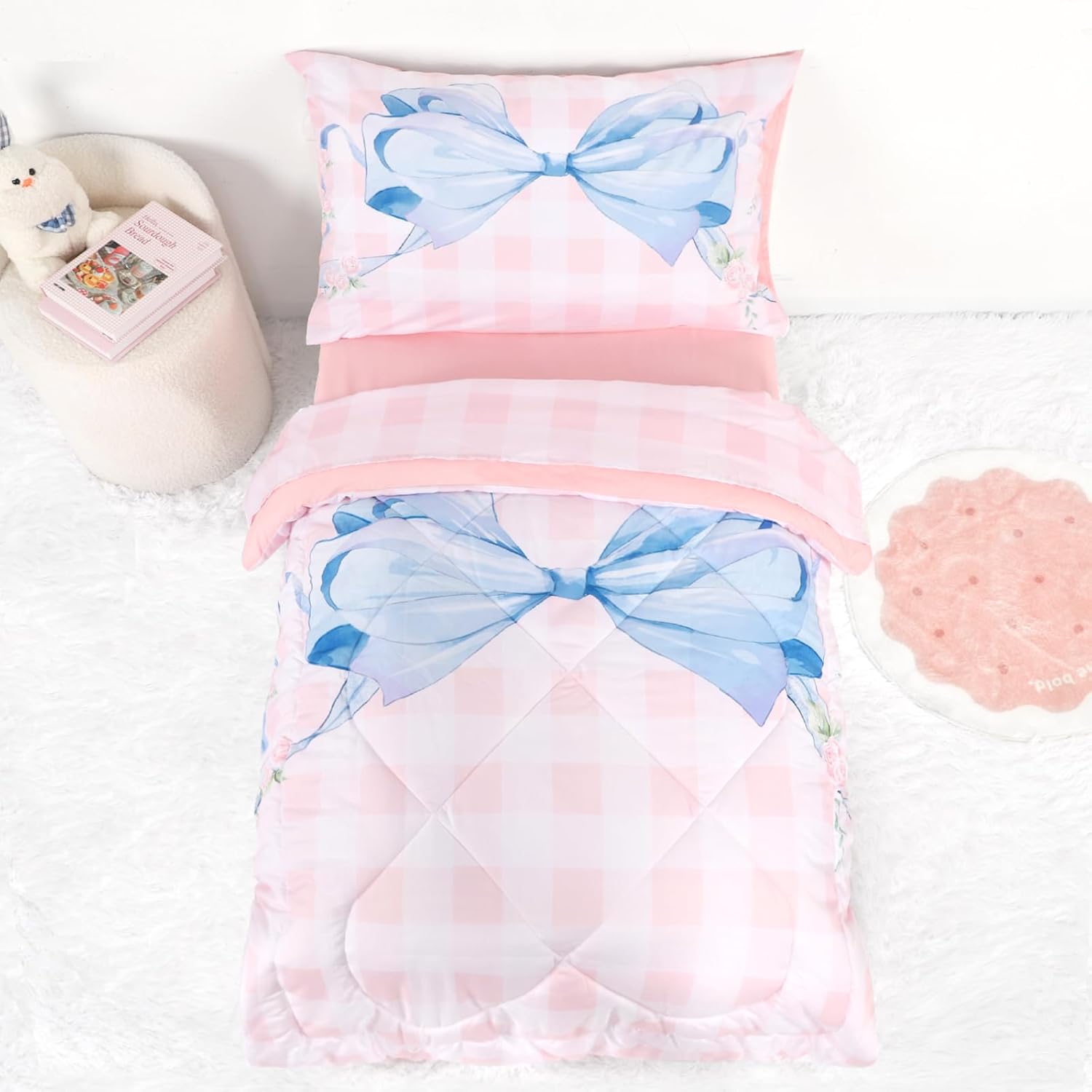 DILIMI Toddler Bedding Set for Girls, Pink Gingham Bow Toddler Comforter Set, 4 Pieces Soft Toddler Bed Set Include Comforter, Fitted Sheet, Flat Sheet, Pillowcase, Pink Checkered