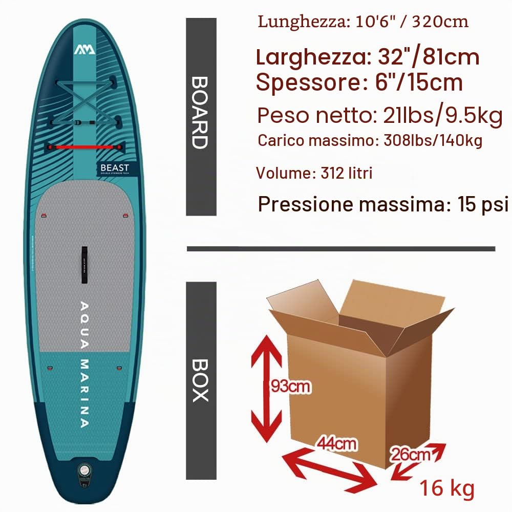 Aqua Marina BEAST - Tavola gonfiabile per stand up paddle (iSUP), 320 cm di lunghezza