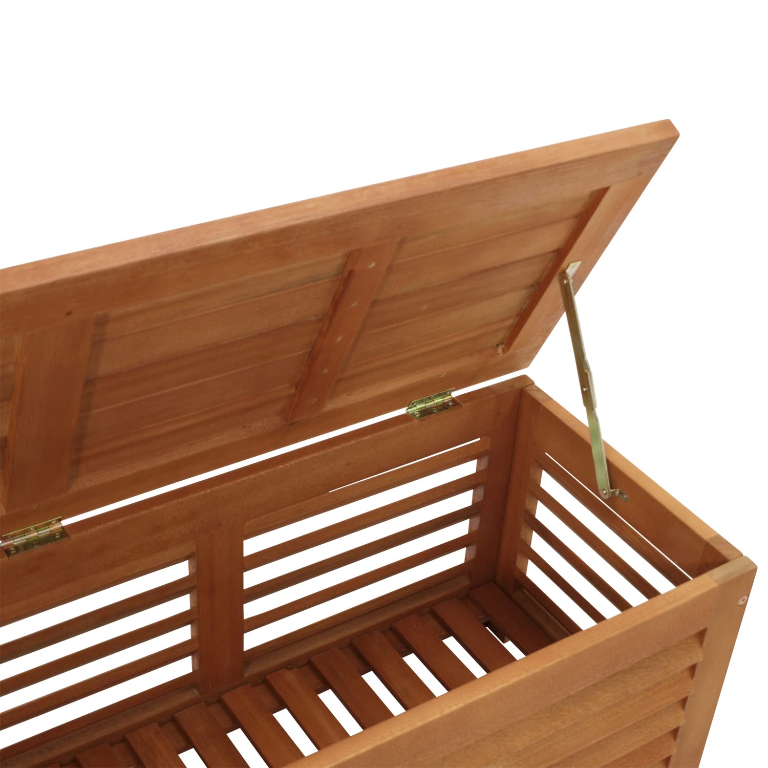 DEGAMO Kissenbox Kissentruhe mit Deckel 128 x 42 x 43,5 cm, Eukalyptus Holz braun geölt, mit Auflage grau, FSC®-Zertifiziert