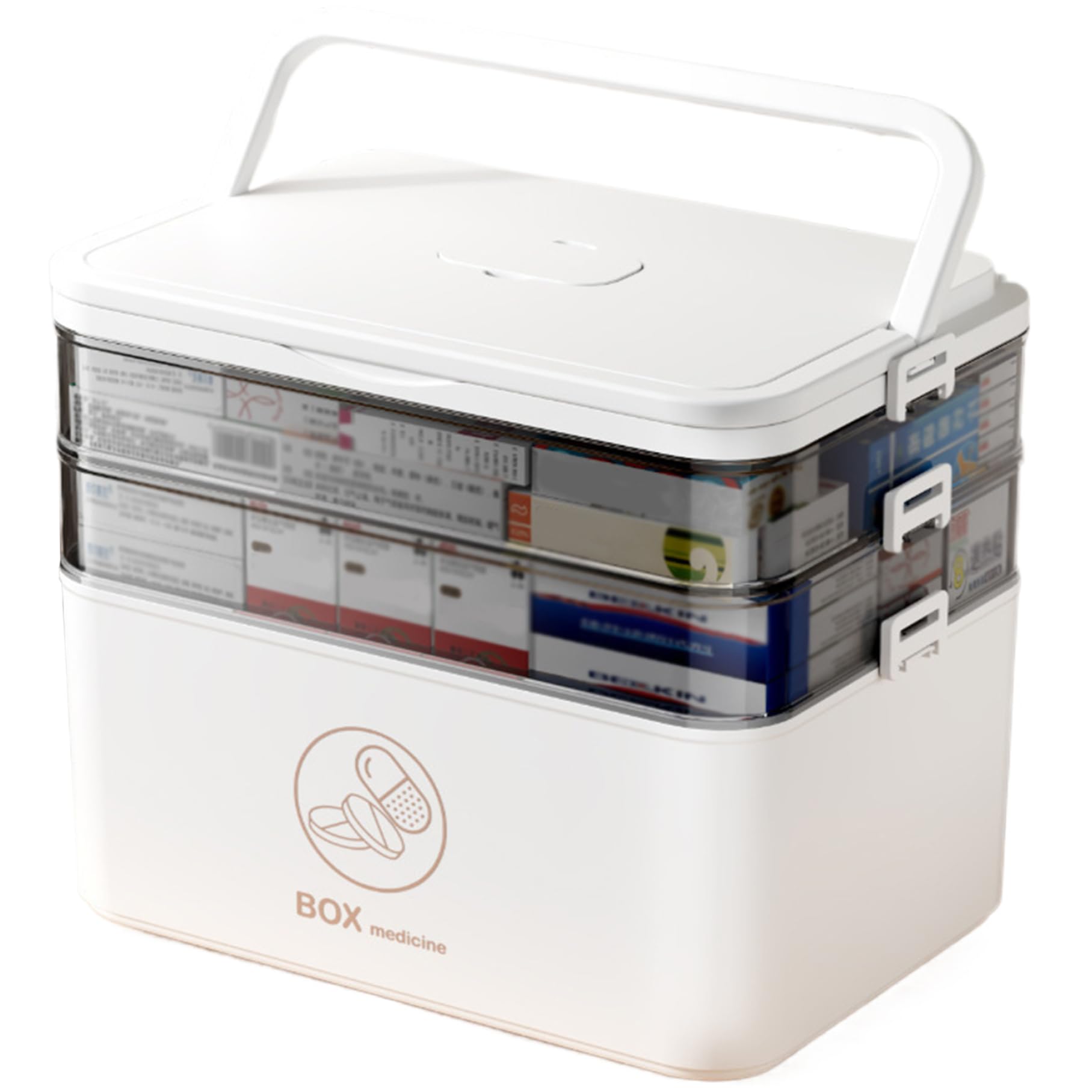 Boîte de rangement de médicaments à double plateaux et poignée portable en plastique robuste