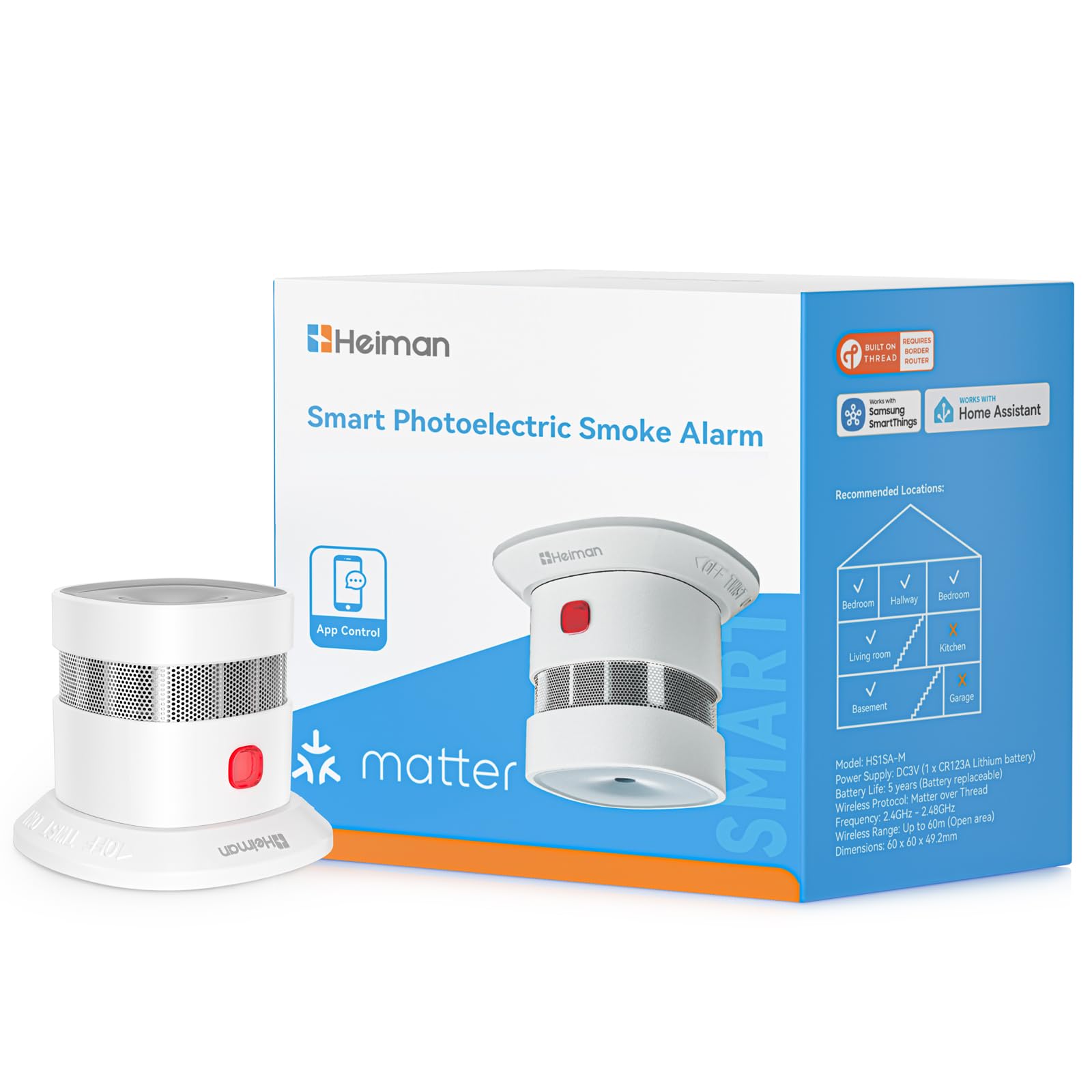 Heiman Matter Smoke Alarms for Home, HS1SA-M Fire Alarm Battery Operated, Smart Smoke Detector for Apple Home, Home Assistant, EN 14604 UKCA Certified, With Magnetic Mount