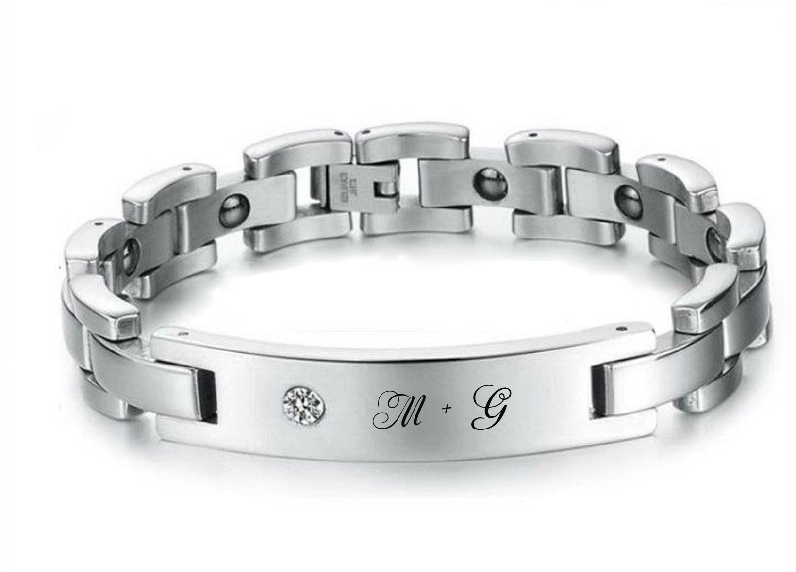 ID Edelstahl Magnetisches Armband + Gravur nach Wunsch mit Strass auch als Partnerarmbänder mit Box