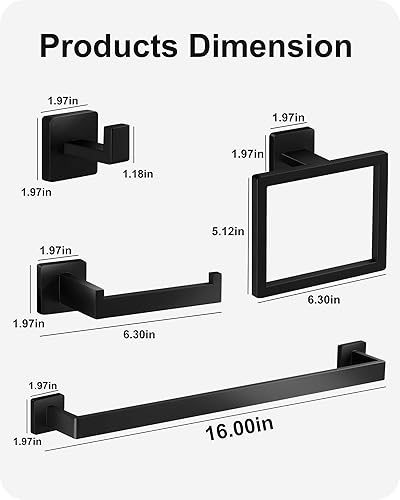 Miniatura 4 de Hinmood Juego de accesorios de baño negro mate, juego de 5 toallas de baño de 24 pulgadas, juego de 5 piezas, juego de toallero cuadrado de acero