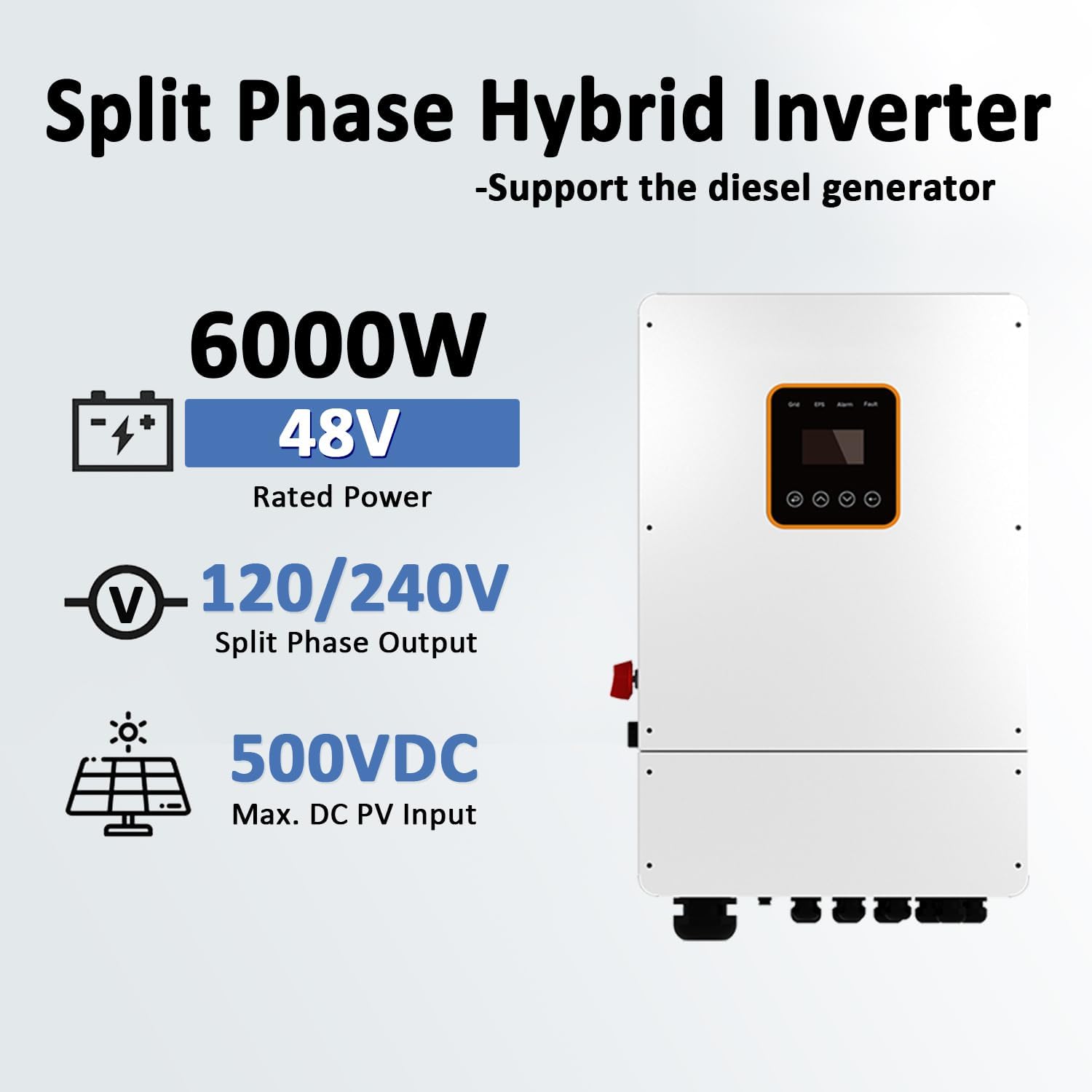 Image of the 6000W Hybrid Split Phase Inverter with specifications: 6000W 48V Rated Power, 120/240V Split Phase Output, 500VDC Max. DC PV Input.