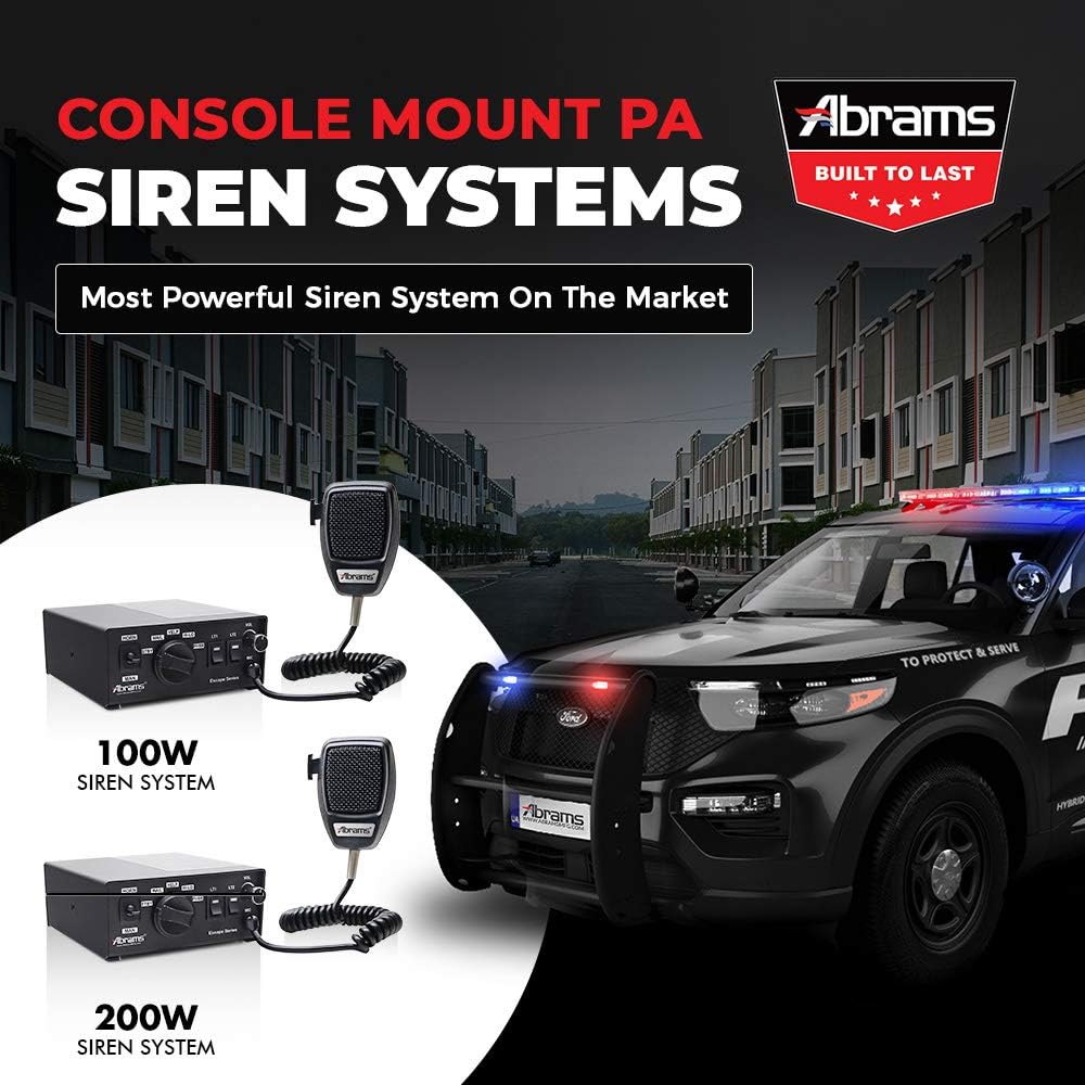 Abrams Emergency Vehicle Sirens - 100W PA System with 2 x 15A Police Lights Outputs - Console Mount for Fire Truck, ATV, UTV, Police Car - 12V Powerful Horn