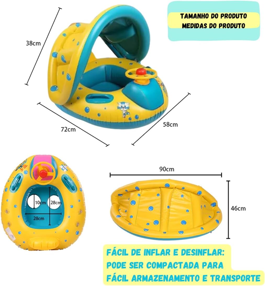 Boia Infantil com Cobertura Solar, Amarela e Azul, PVC Resistente, 90x46cm, Assento Ergonômico, Proteção UV, Para Crianças 6 Meses a 3 Anos, Suporta 26kg