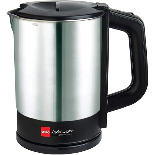 Cello Quick Boil 900 Electric Kettle| Stainless Steel Body |1200 watt | Auto Shut-Off Protection | Wide Mouth for Easy Cleaning | Easy-grip Handle | 1 Ltr, Black & Silver