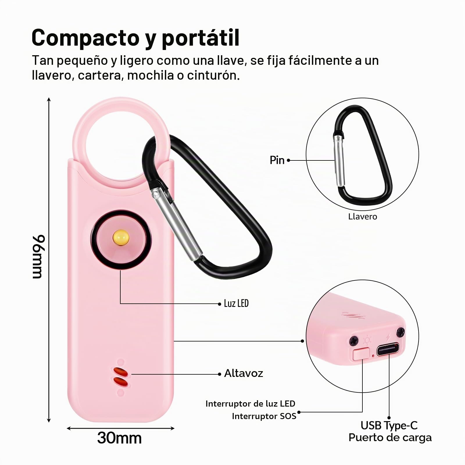 Sprifityy Alarma Personal, Alarma De Bolsillo para Mujer, con Sirena de 130 dB y luz de Señalización LED, Llavero Recargable USB Tipo-C para Mujeres, Niños/Mujeres/Ancianos (Rosa)