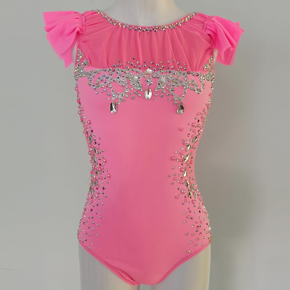 LIUHUO Maillot de gimnasia rítmica rosa sin mangas Flash Drill Competición Performance ropa