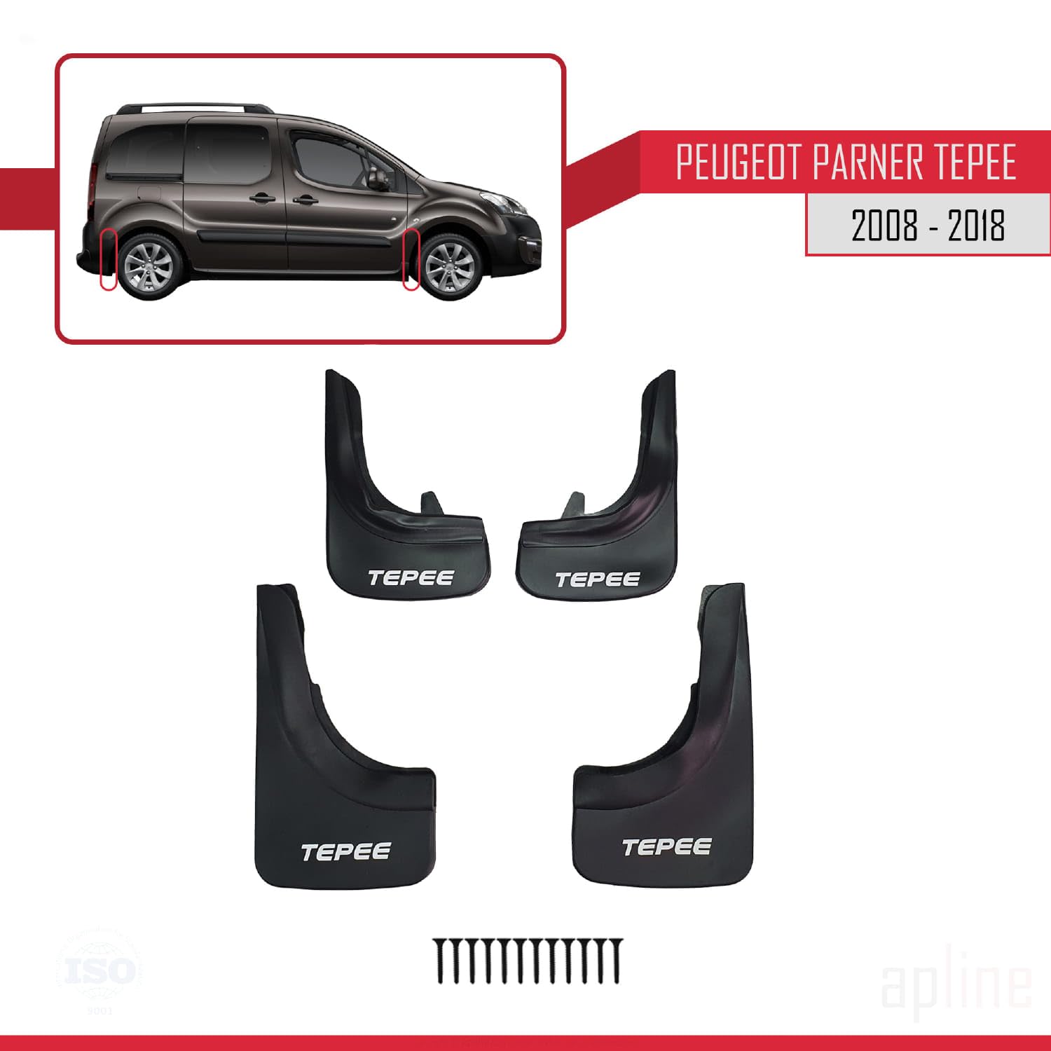 Compatible avec Peugeot Partner 2 Tepee 2008-2018 Jeu de Bavettes Garde-boue Avant et Arrière de Voiture 4 Pcs Noir