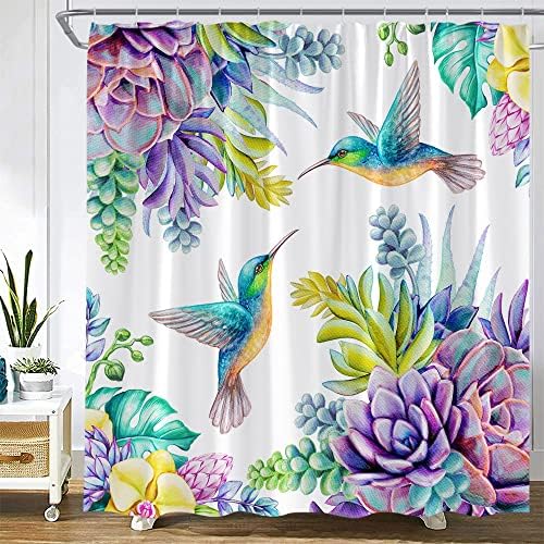 JJNAEE Bird Flower Shower Curtain Hummingbird Succulents Purple Floral Vintage Garden Nature Summer Tropical Plant Bathroom Decor Polyester Fabric Curtains with Hooks 70 x 70 Inch