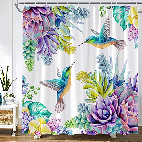 Jjnaee Bird Flower Shower Curtain Hummingbird Succulents Purple Floral Vintage Garden Nature Summer Tropical Plant Bathroom Decor Polyester Fabric Curtains With Hooks 70 X 70 Inch #TOP2